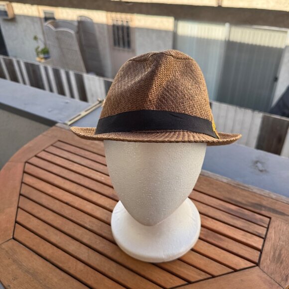 Custom Brown Straw Fedora Hat W/ Black Band & Embroidered Patch Design M/L - Picture 2 of 5